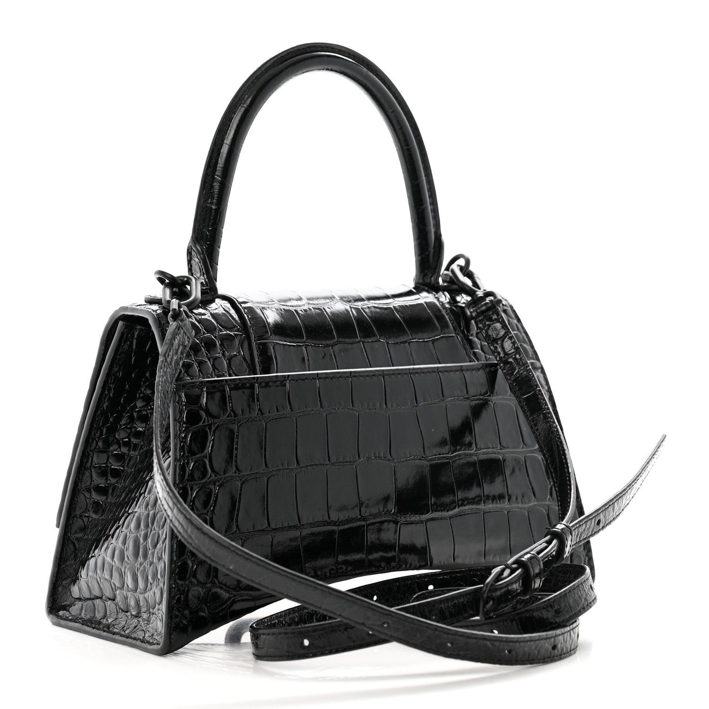 Shiny Calfskin Monochrome Crocodile Embossed Small Hourglass Top Handle Bag Black