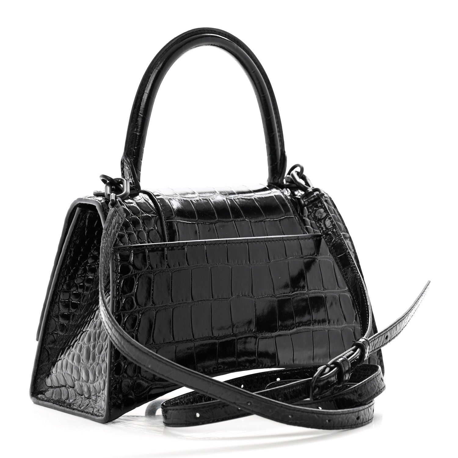 Balenciaga Shiny Calfskin Monochrome Crocodile Embossed Small Hourglass Top Handle Bag Black 2 of 7