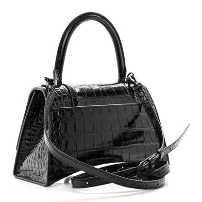 Balenciaga Shiny Calfskin Monochrome Crocodile Embossed Small Hourglass Top Handle Bag Black 2 of 7