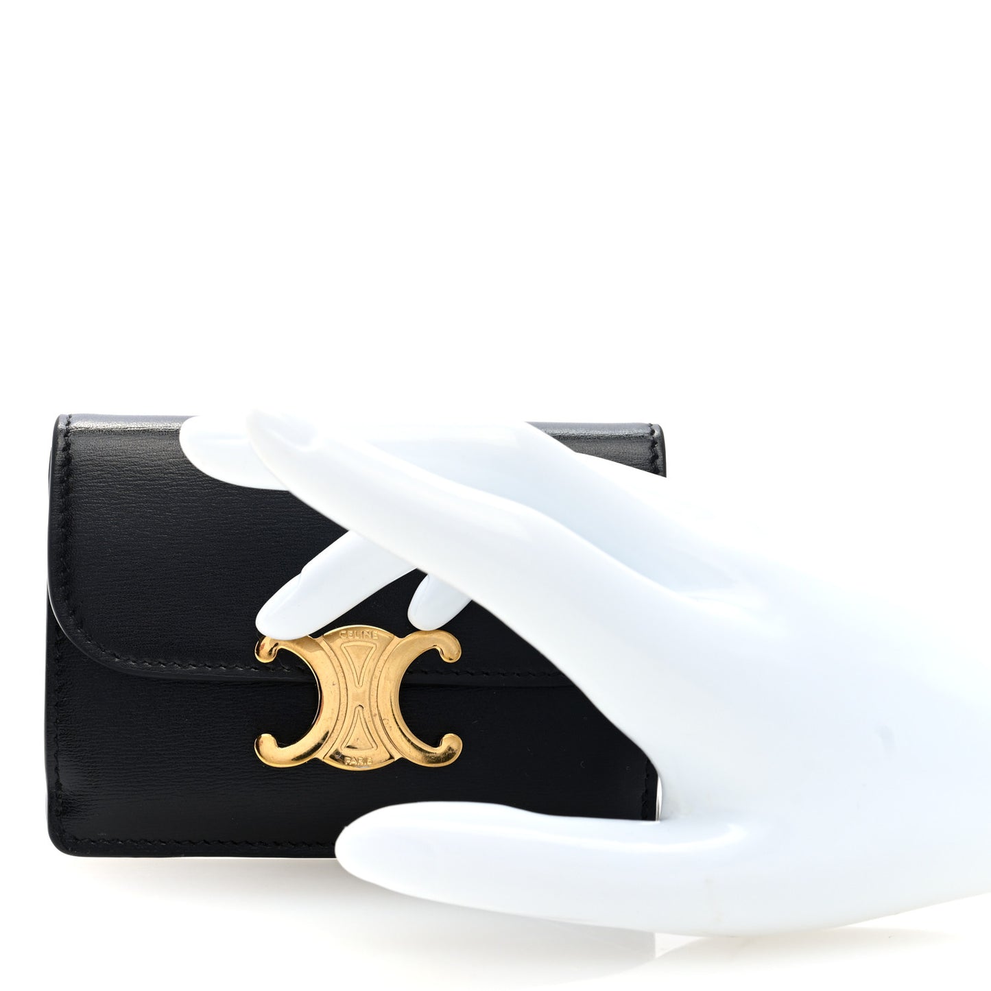 Shiny Calfskin Triomphe Flap Card Holder Black