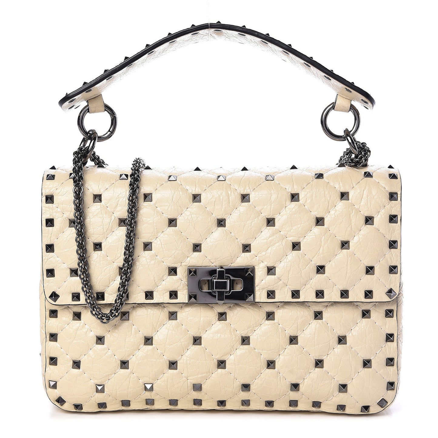 Craquele Nappa Medium Rockstud Spike Shoulder Bag Light Ivory