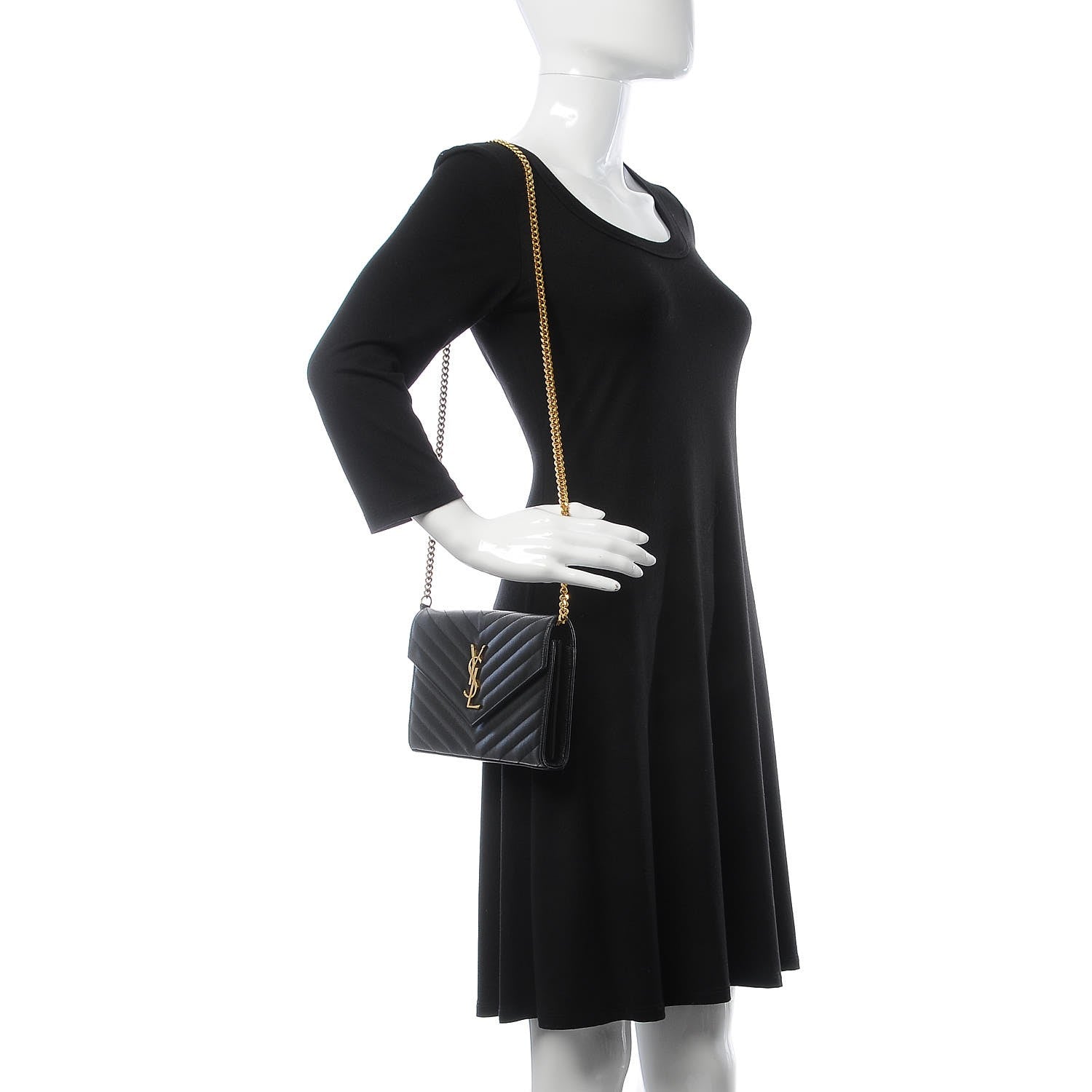 Saint Laurent Grain De Poudre Matelasse Chevron Monogram Chain Wallet Black 2 of 9