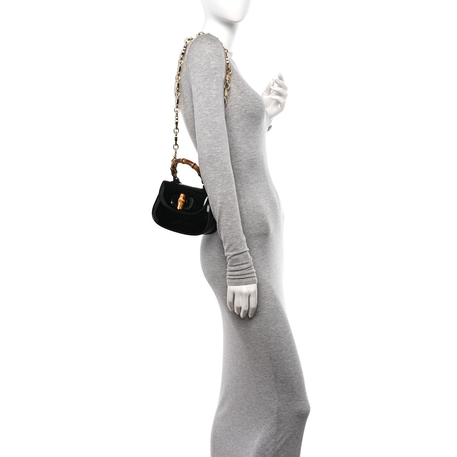 Gucci Patent Crystal Mini Bamboo 1947 Top Handle Chain Bag Black 2 of 11