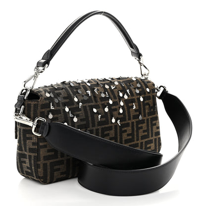 Fendi Fabric Jacquard F Paillettes Vitello Cover FF 1974 Embroidered Baguette Tobacco Moro Argento 3 of 9