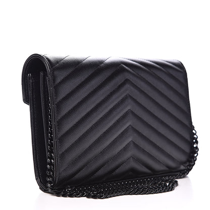 Saint Laurent Grain De Poudre Matelasse Chevron Monogram Chain Wallet Black 3 of 10