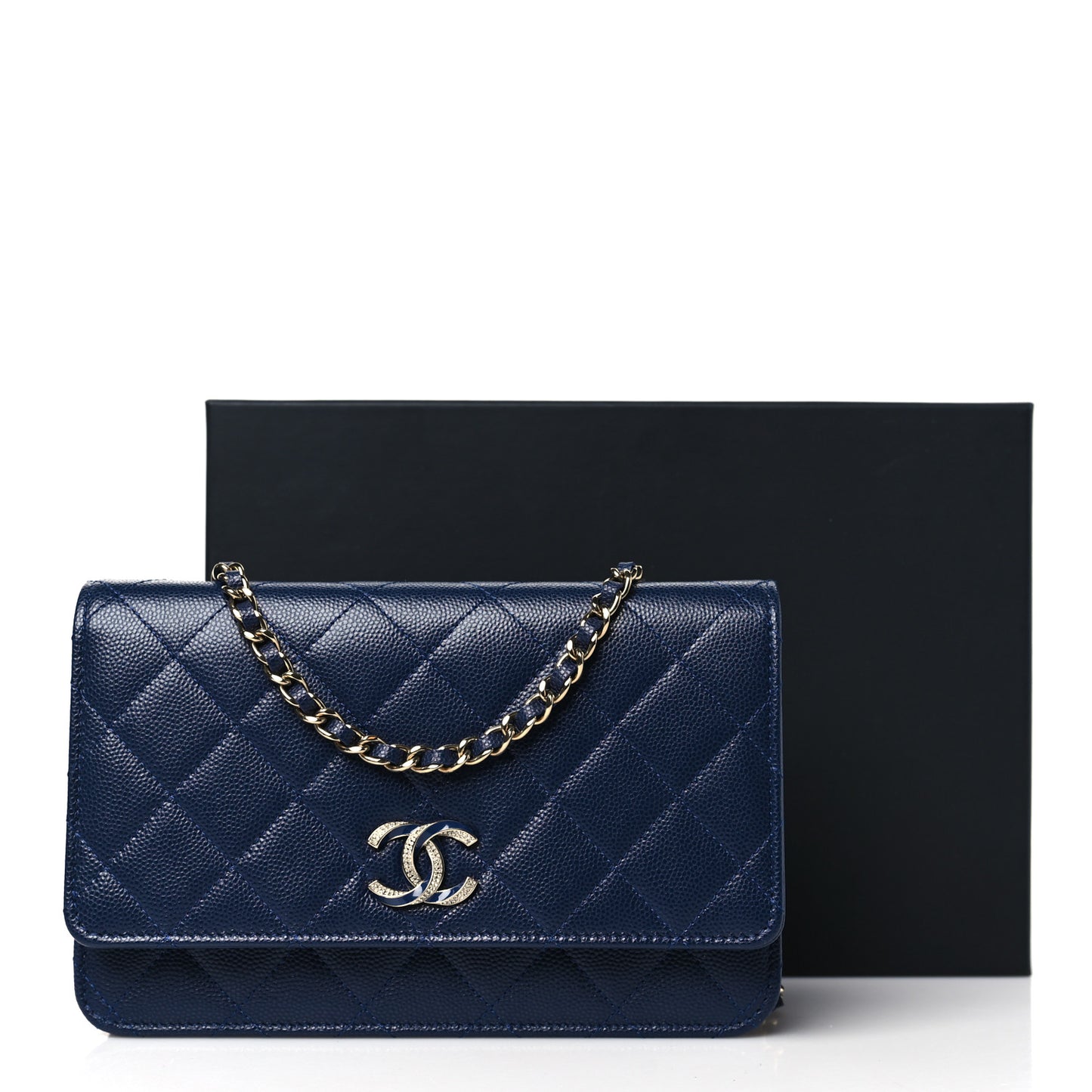 Caviar Quilted Crystal Enamel CC Wallet On Chain WOC Navy