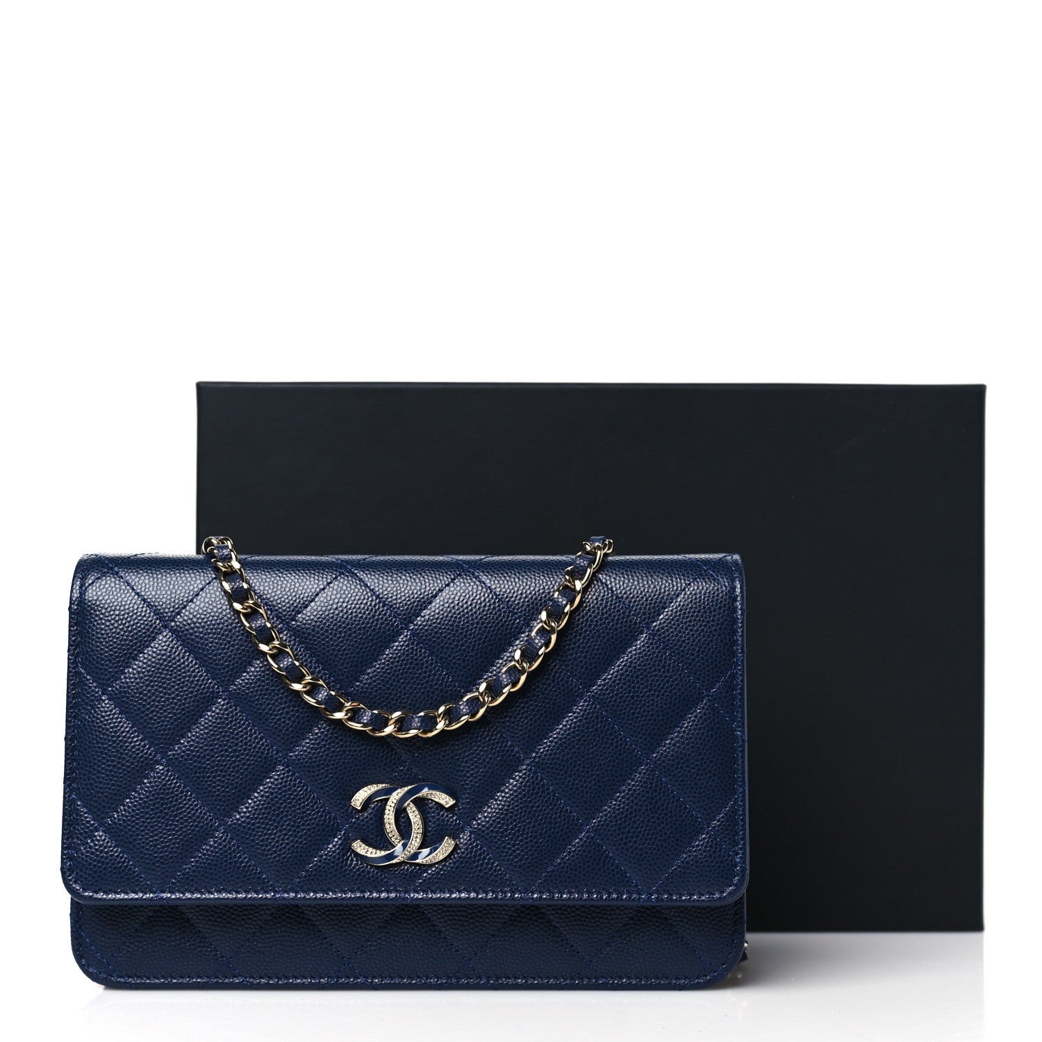 Chanel Caviar Quilted Crystal Enamel CC Wallet On Chain WOC Navy 12 of 12