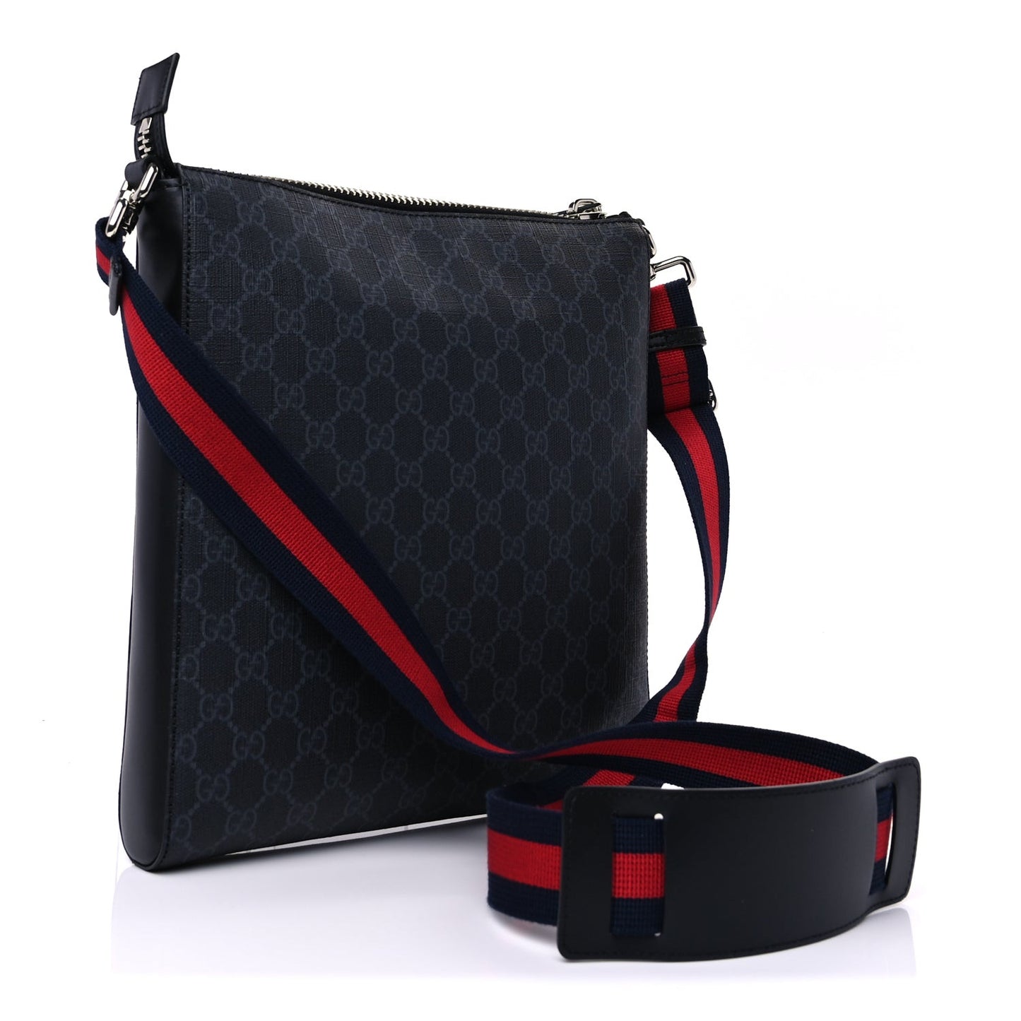 GG Supreme Monogram Appia Calfskin Web Flat Messenger Bag Black Grey