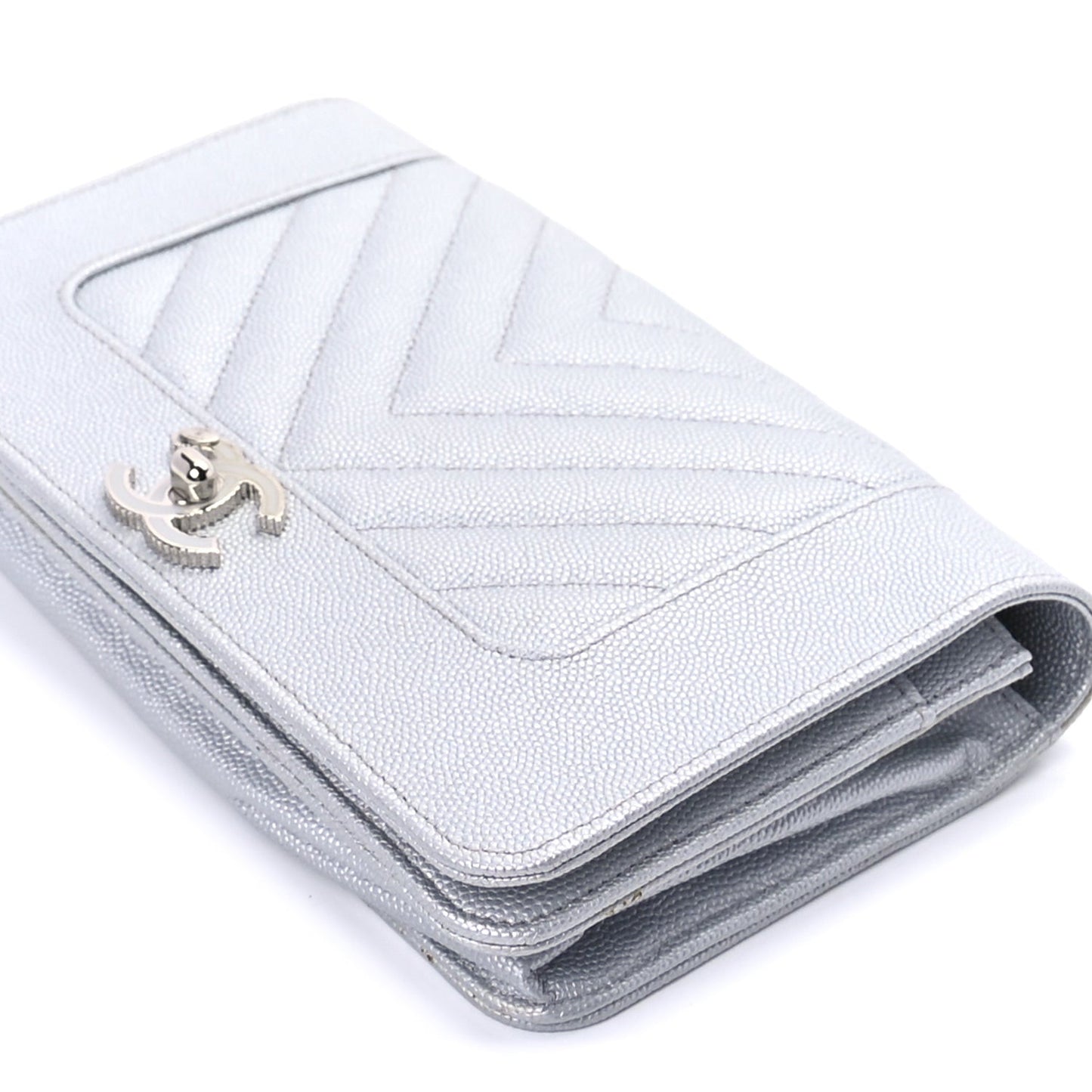 Metallic Caviar Chevron Quilted Vintage Mademoiselle Wallet On Chain WOC Silver