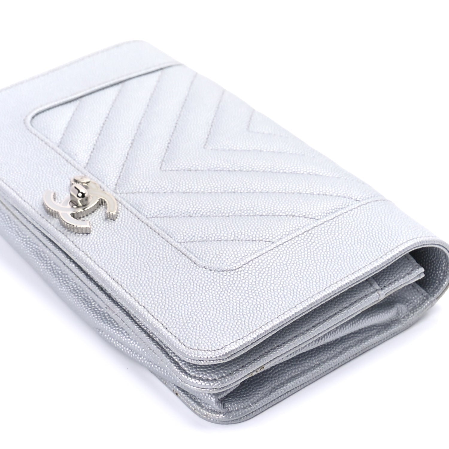 Chanel Metallic Caviar Chevron Quilted Vintage Mademoiselle Wallet On Chain WOC Silver 7 of 8