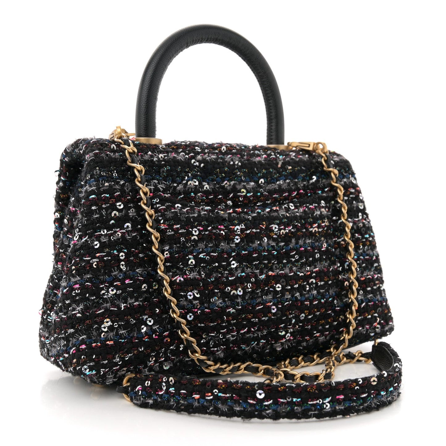 Tweed Sequin Mini Coco Handle Flap Black