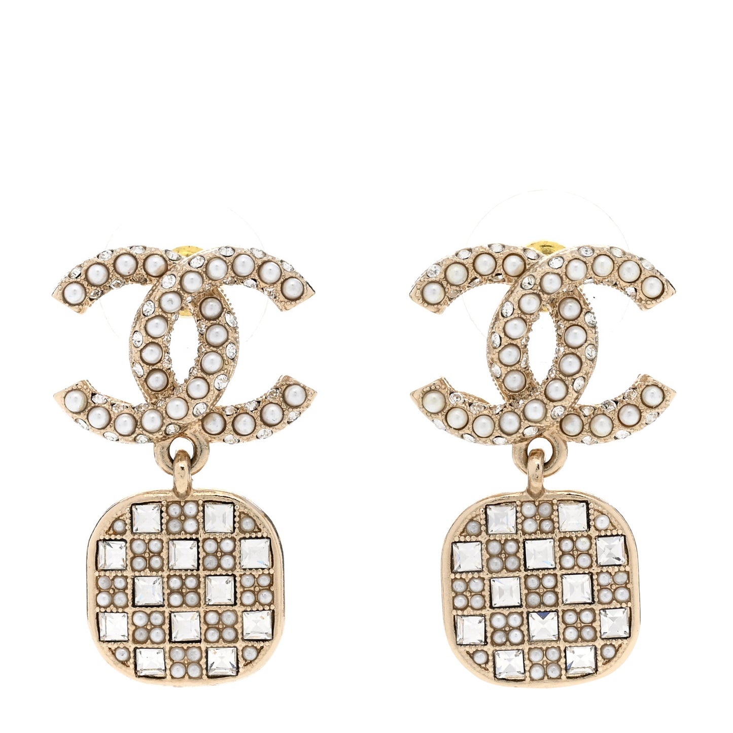 Pearl Baguette Crystal CC Drop Earrings Gold