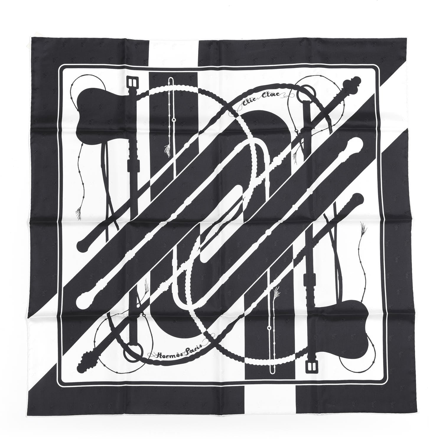 Hermes Silk Clic Clac Tattoo Scarf 90 Bleu Black White 1 of 7