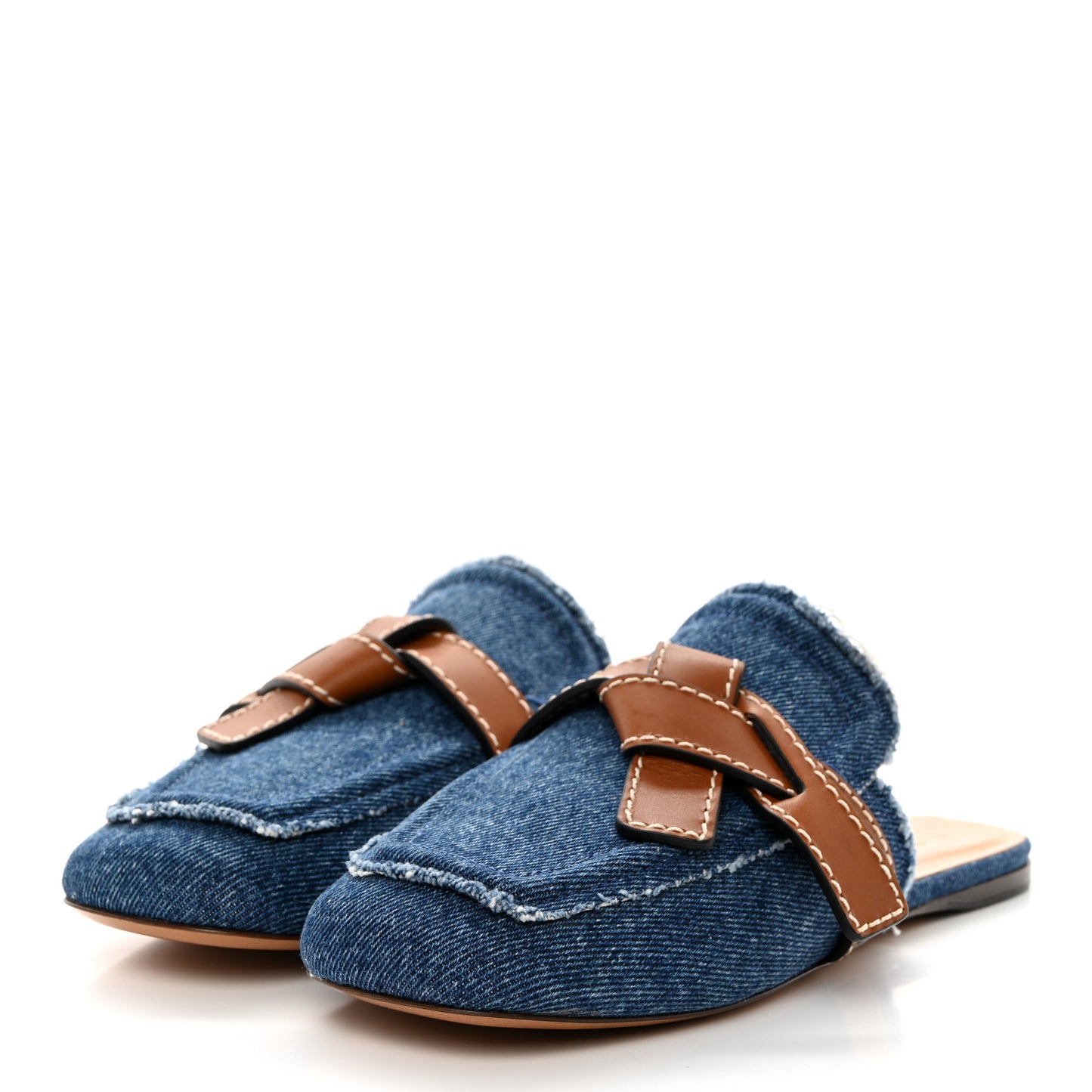 Washed Denim Calfskin Gate Mule Sandals 36 Blue Tan