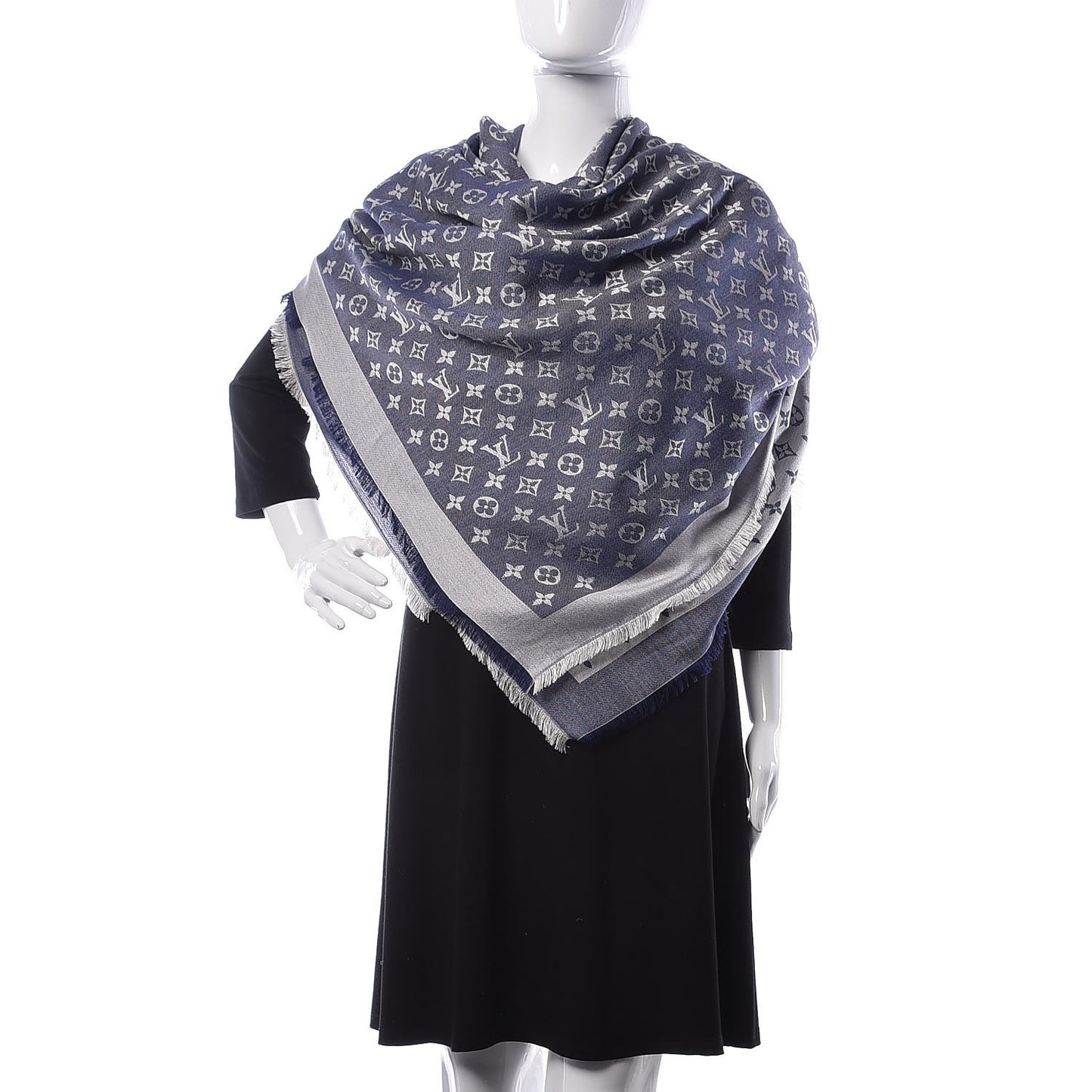 Silk Wool Monogram Denim Shawl Blue