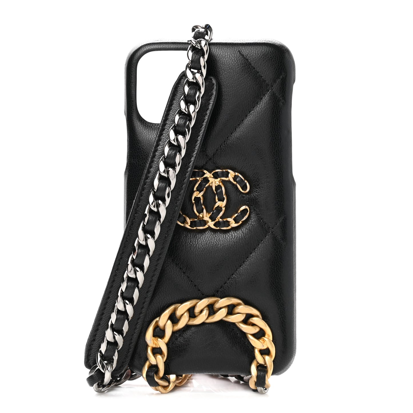 Shiny Goatskin Quilted 19 iPhone XI Pro Holder With Chain Black
