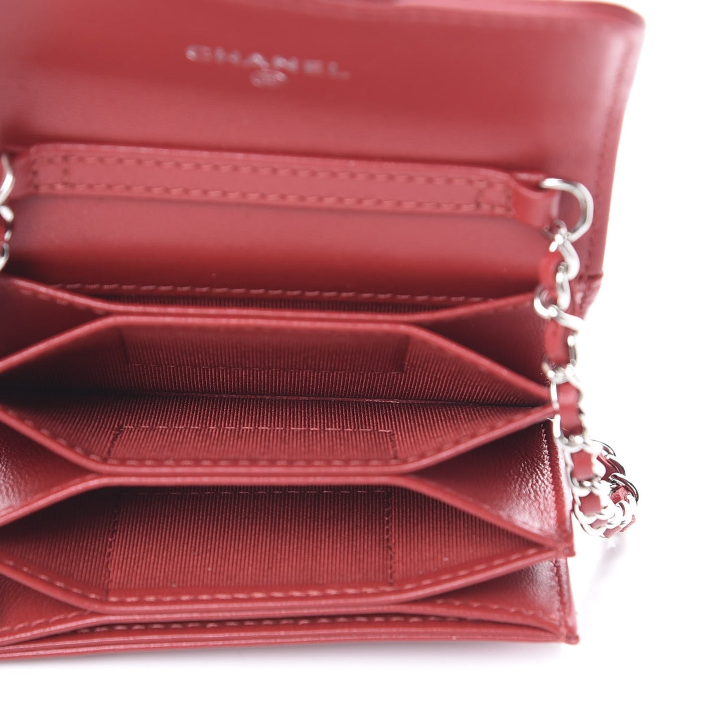 Lambskin Quilted Flap Card Holder On Chain Dark Red