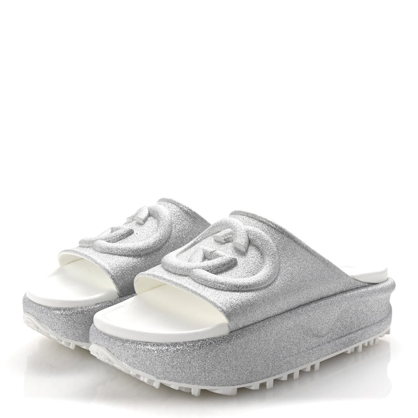 Glitter Rubber Womens InterLocking G Platform 42mm Slide Sandals 37 Silver