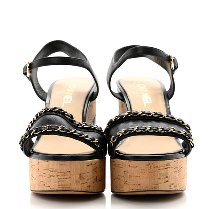 Chanel Lambskin Quilted Chain Cork Wedge Sandals 40 Black 2 of 10