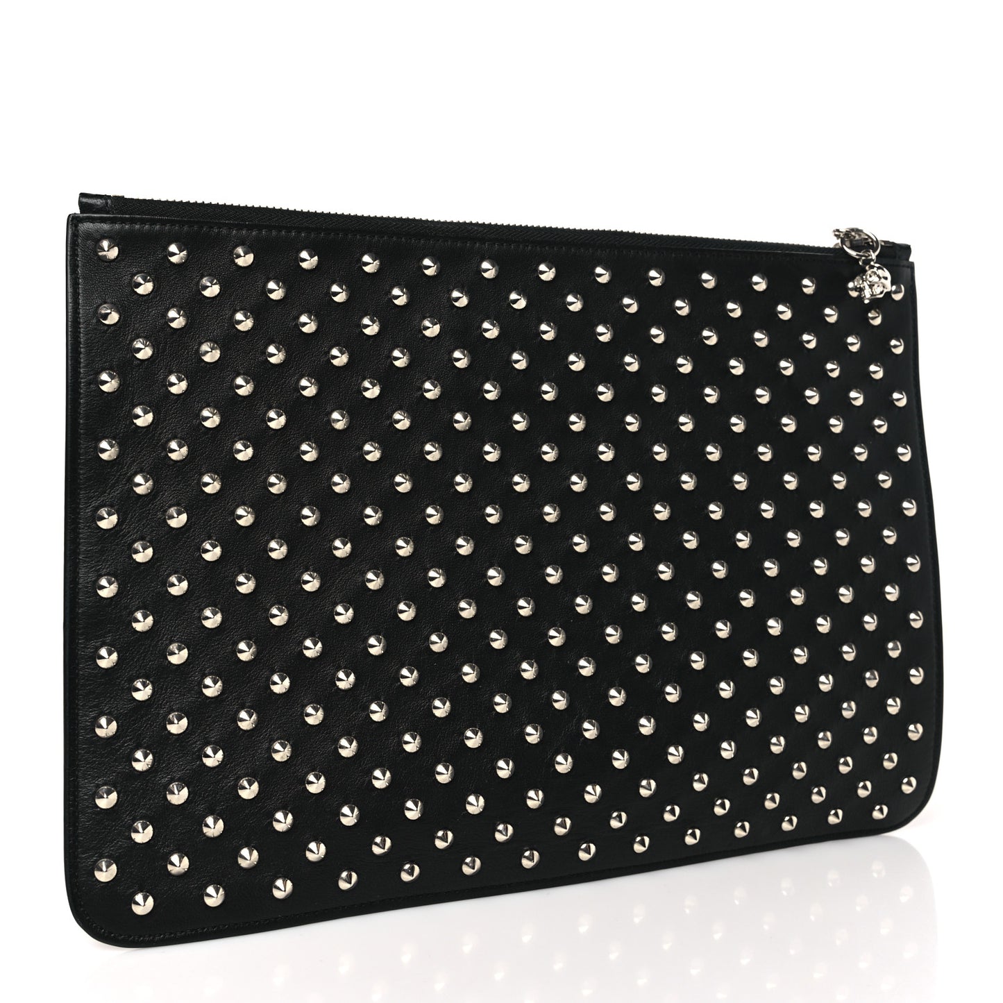 Calfskin Studded Skull Zip Pouch Black