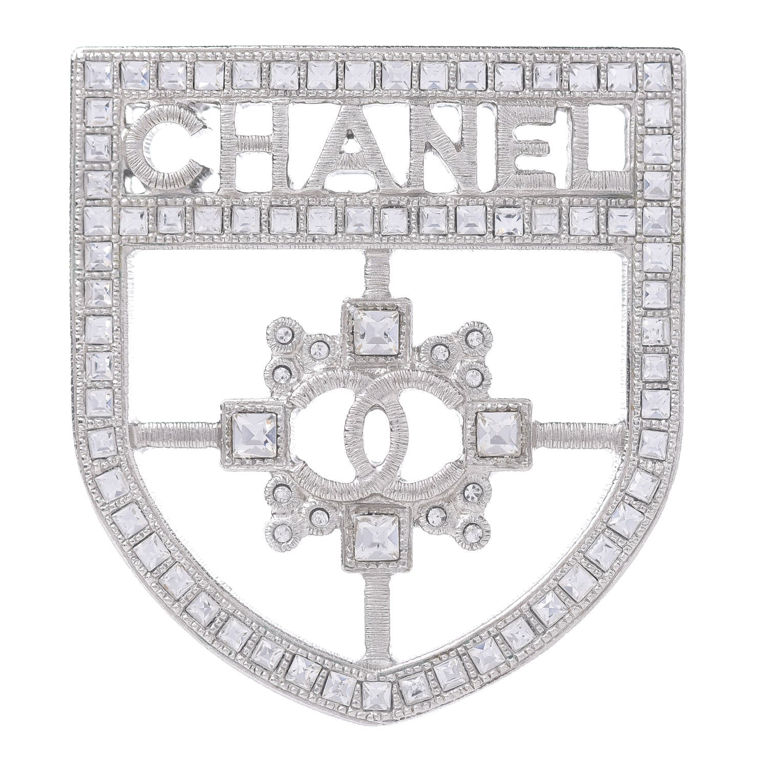 Chanel Swarovski Baguette Crystal CC Shield Brooch Silver 1 of 3