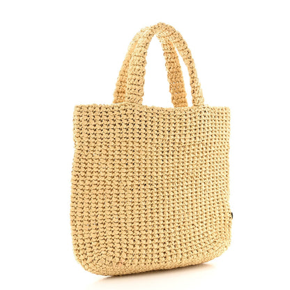 Prada Yarn Raffia Effect Crochet Embroidered Small Logo Tote Naturale 3 of 7