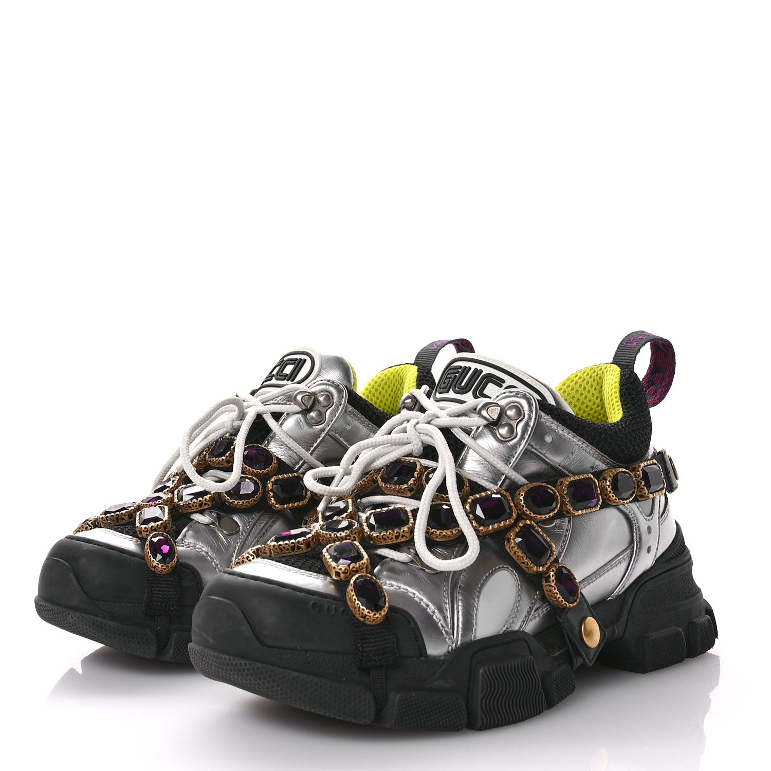 Gucci X SEGA Metallic Calfskin Mesh Removable Crystals Womens Flashtrek Sneakers 37 Silver Black 3 of 7