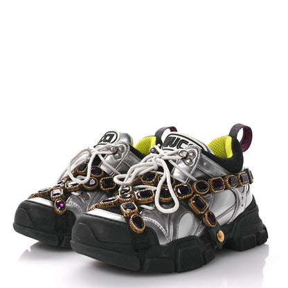 Gucci X SEGA Metallic Calfskin Mesh Removable Crystals Womens Flashtrek Sneakers 37 Silver Black 3 of 7