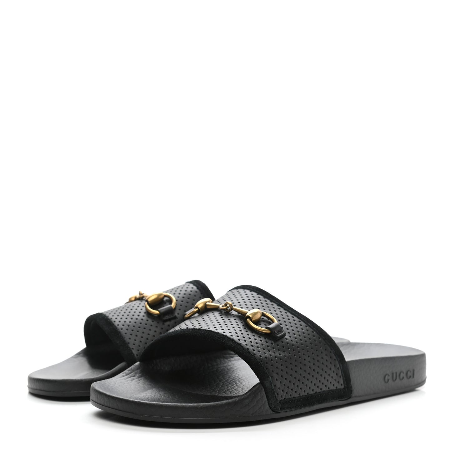 Suede Perforated Horsebit Slide Sandals 41 Black