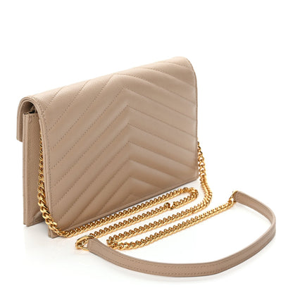 Saint Laurent Grain De Poudre Matelasse Chevron Monogram Envelope Chain Wallet Dark Beige 2 of 10