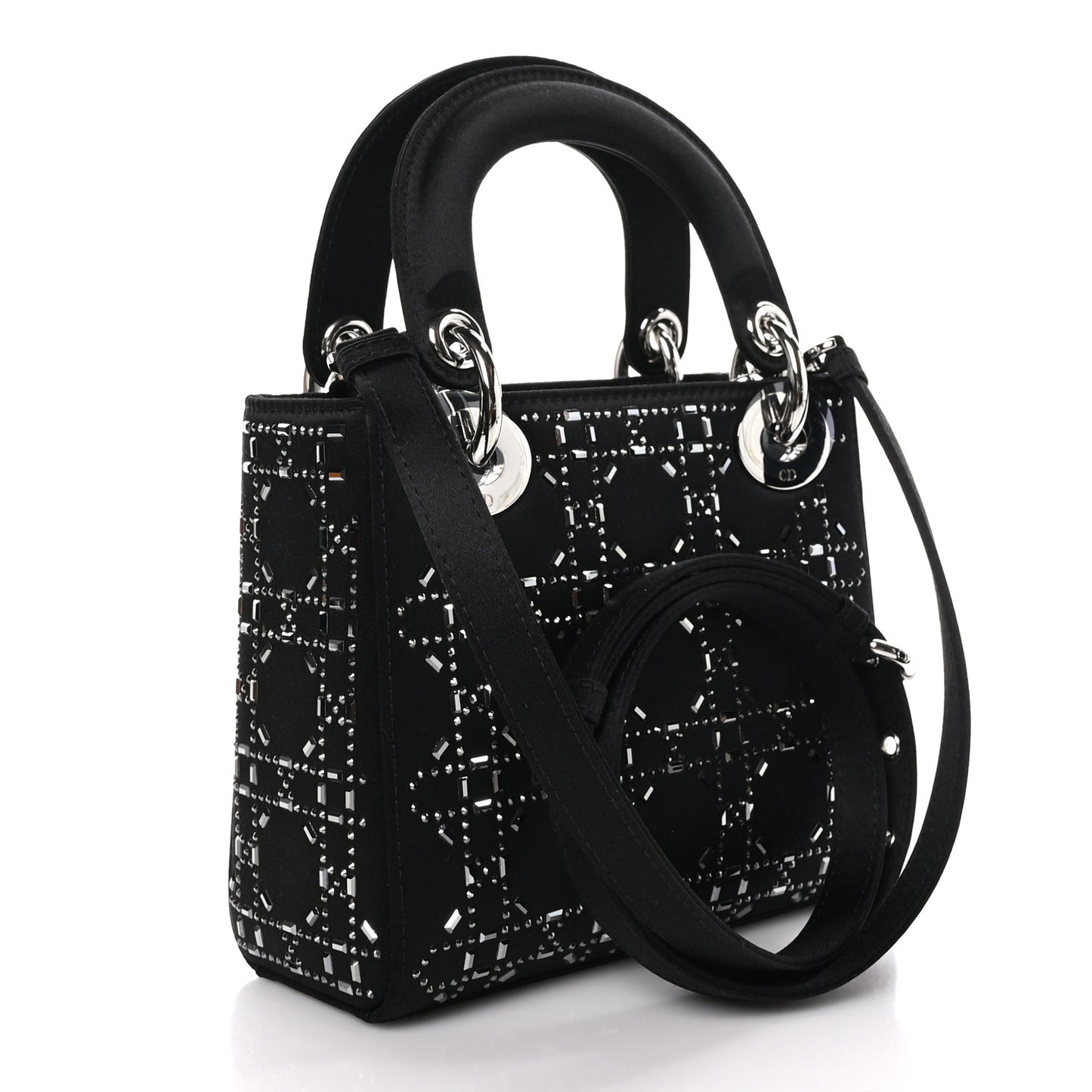 Satin Crystal Cannage Mini Lady Dior Black