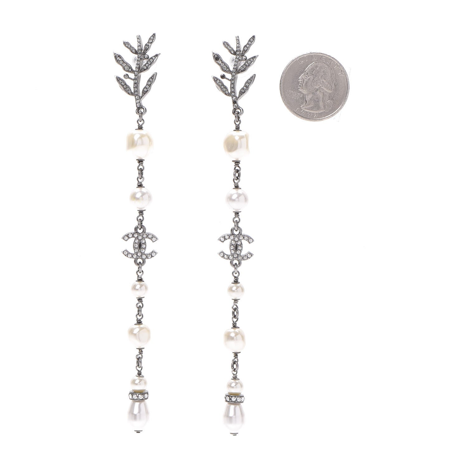 Chanel Pearl Crystal CC Drop Earrings Silver 2 of 5