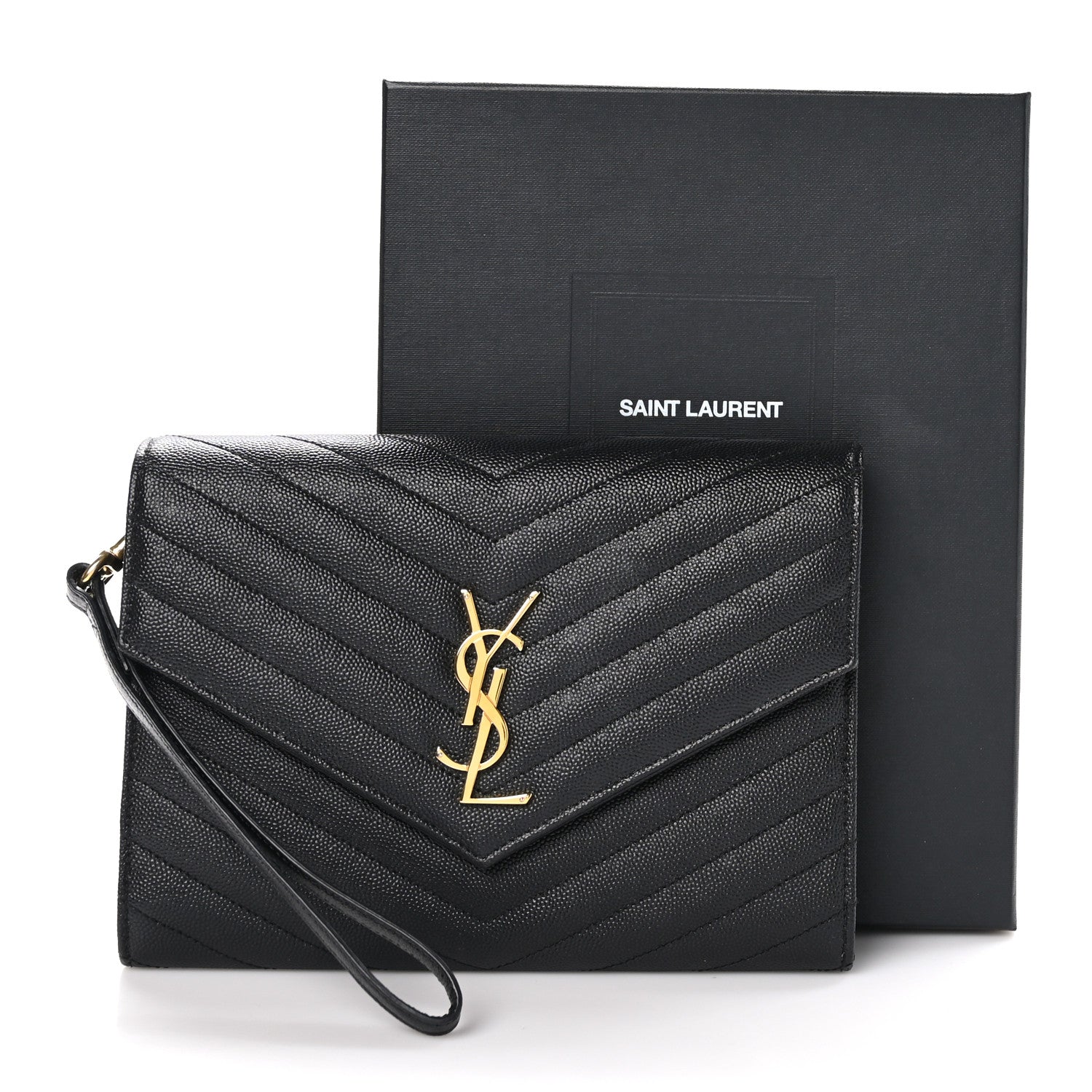 Saint Laurent Grain De Poudre Matelasse Chevron Monogram Envelope Clutch Black 8 of 11