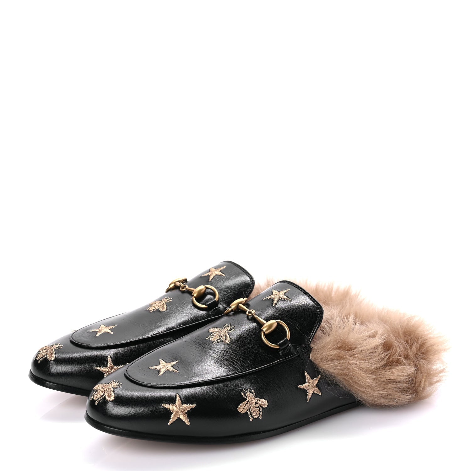 Gucci Goatskin Fur Bee Star Embroidered Womens Princetown Slippers 37 6 of 9