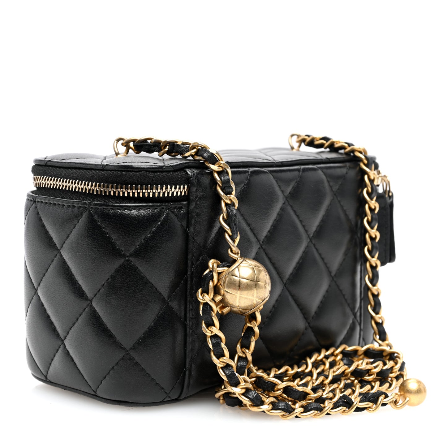 Lambskin Quilted Pearl Crush Small Vanity Case With Chain Black