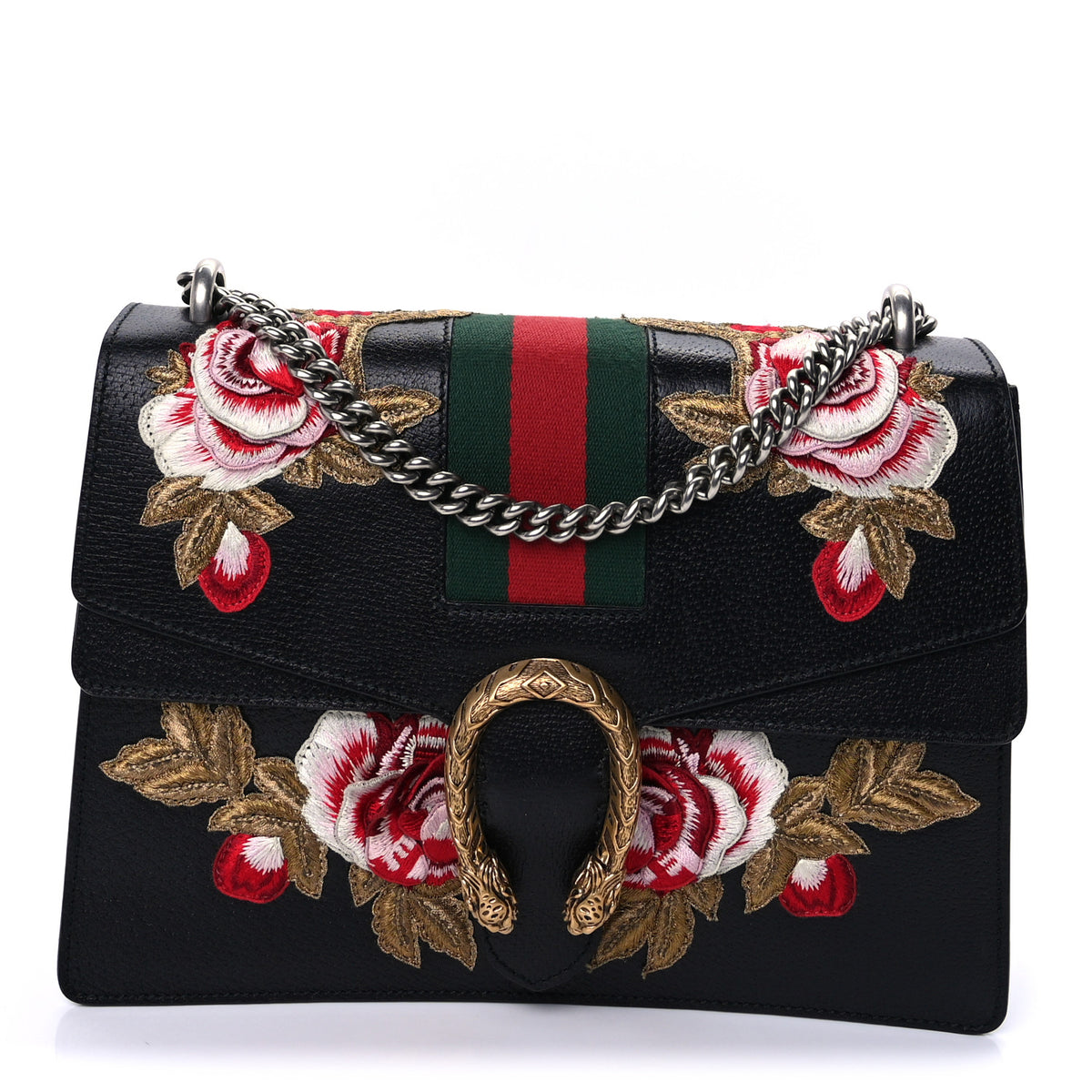 Calfskin Web Floral Embroidered Medium Dionysus Shoulder Bag Black