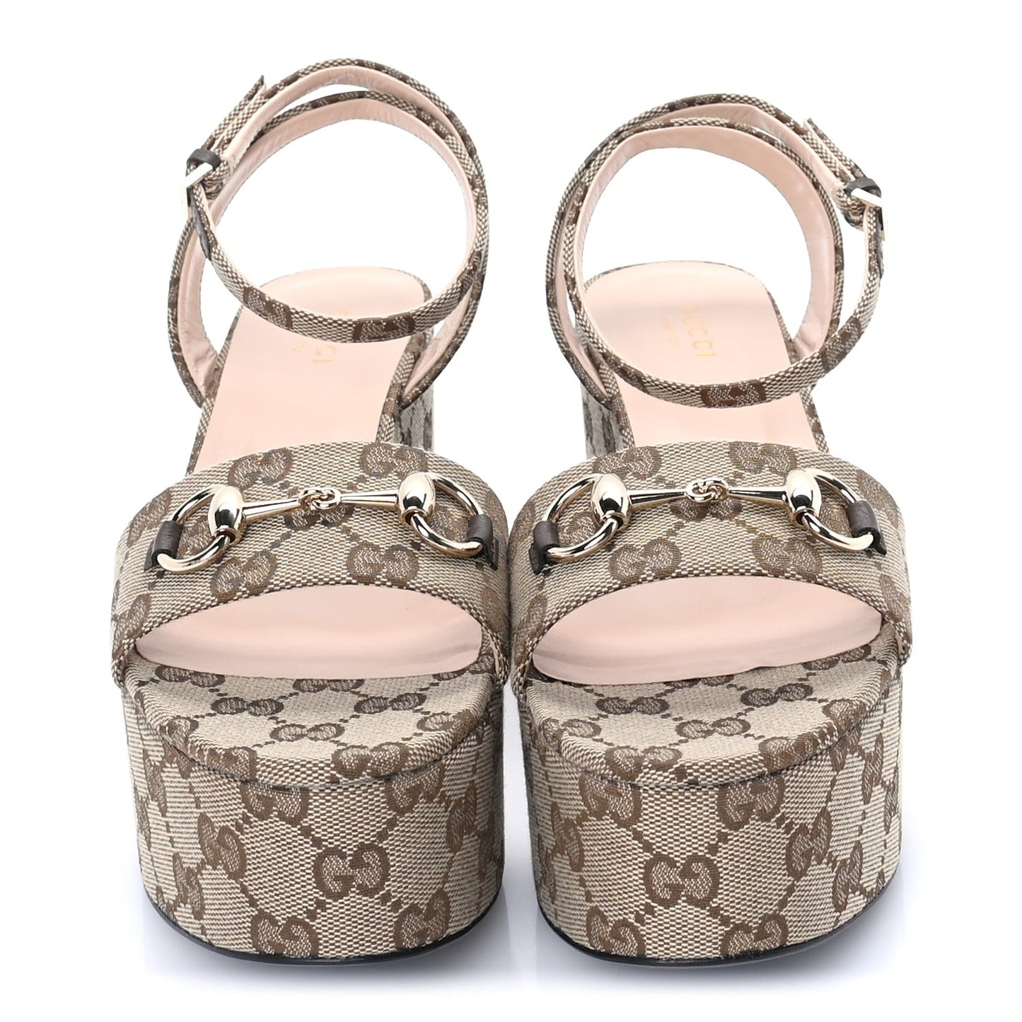 Monogram Nappa Chalotte Horsebit Ankle Strap 75mm Flatform Sandals 38  Beige Ebony