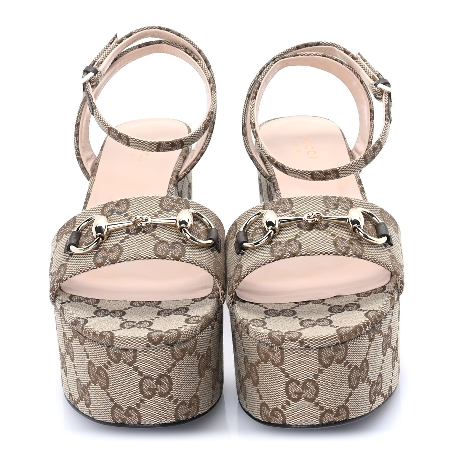 Gucci Monogram Nappa Chalotte Horsebit Ankle Strap 75mm Flatform Sandals 38  Beige Ebony 3 of 7