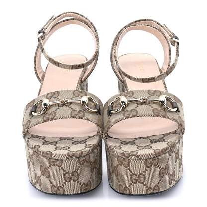 Gucci Monogram Nappa Chalotte Horsebit Ankle Strap 75mm Flatform Sandals 38  Beige Ebony 3 of 7