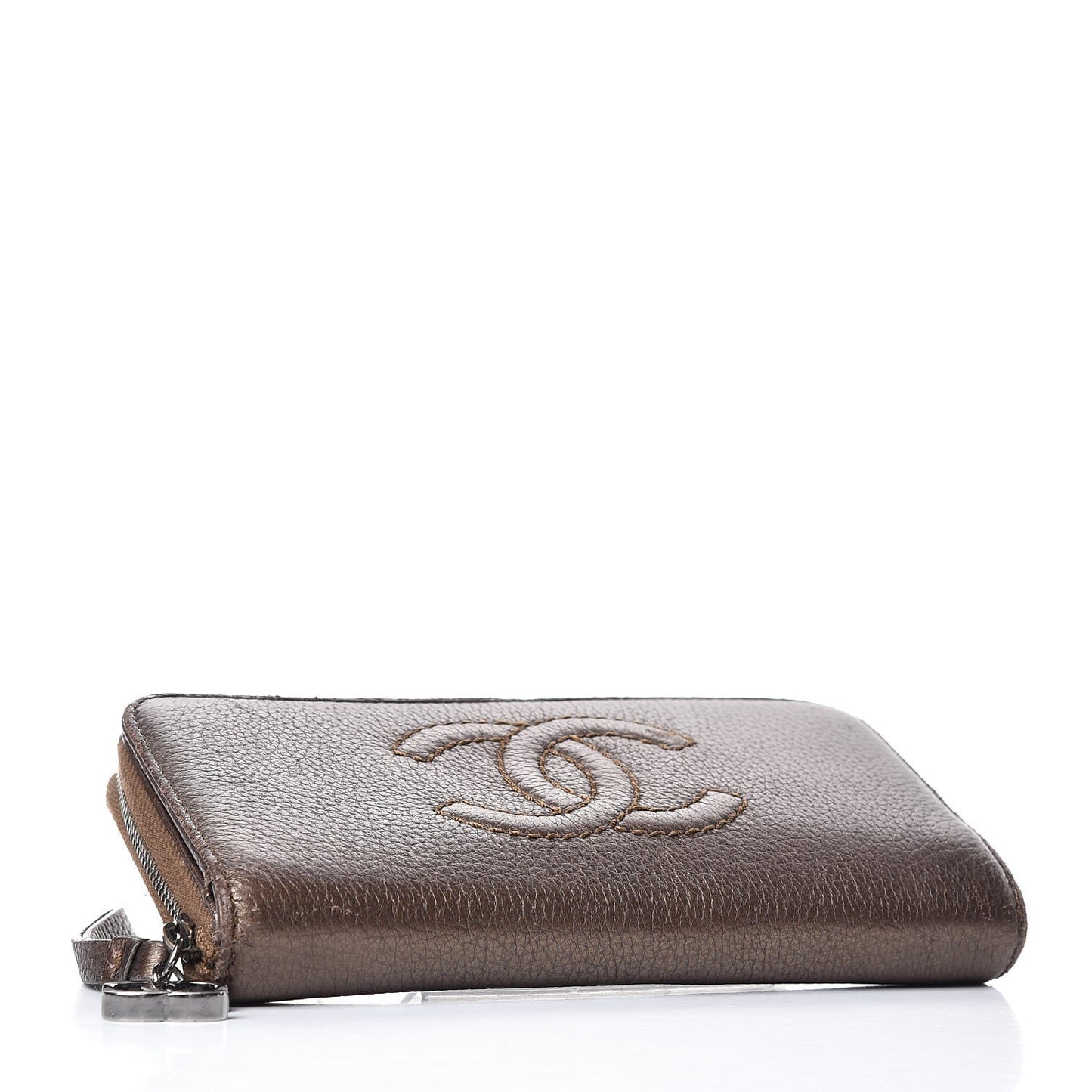 Metallic Calfskin Large Timeless Zip Around Wallet Brown