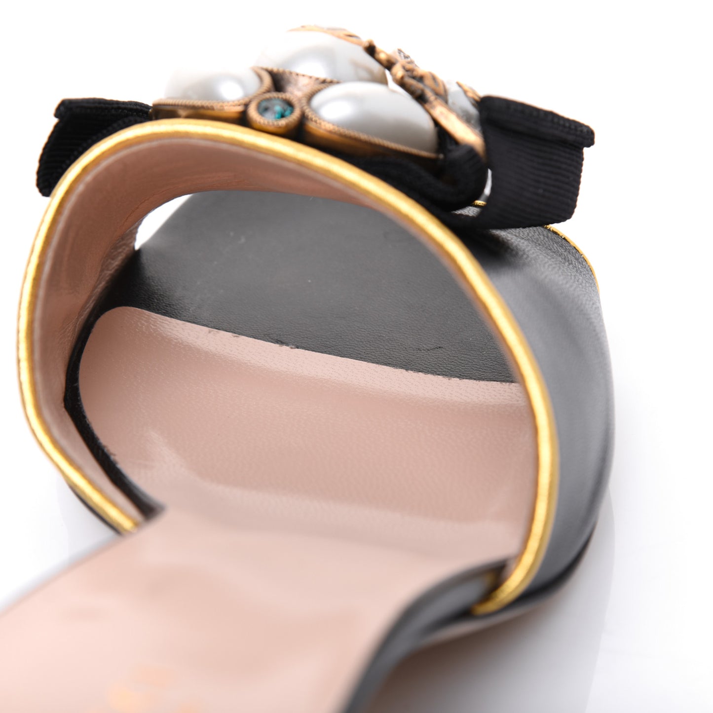 Nappa Silk Pearl Bee Embellished Mid Heel Slide Sandals 38.5 Black