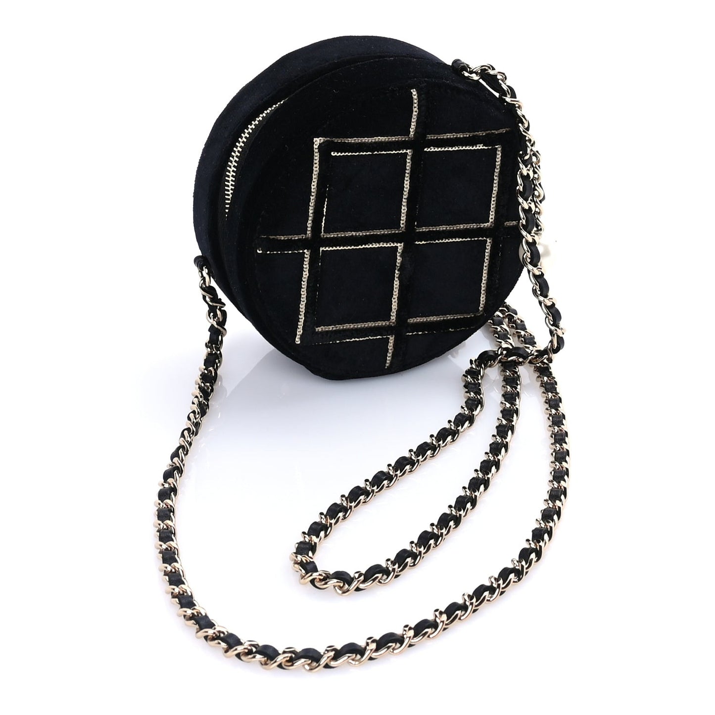Velvet Sequin Round Clutch With Chain  Black