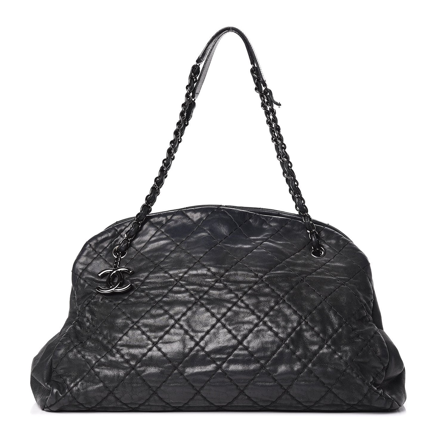 Iridescent Calfskin Large Just Mademoiselle Bowling Bag Black
