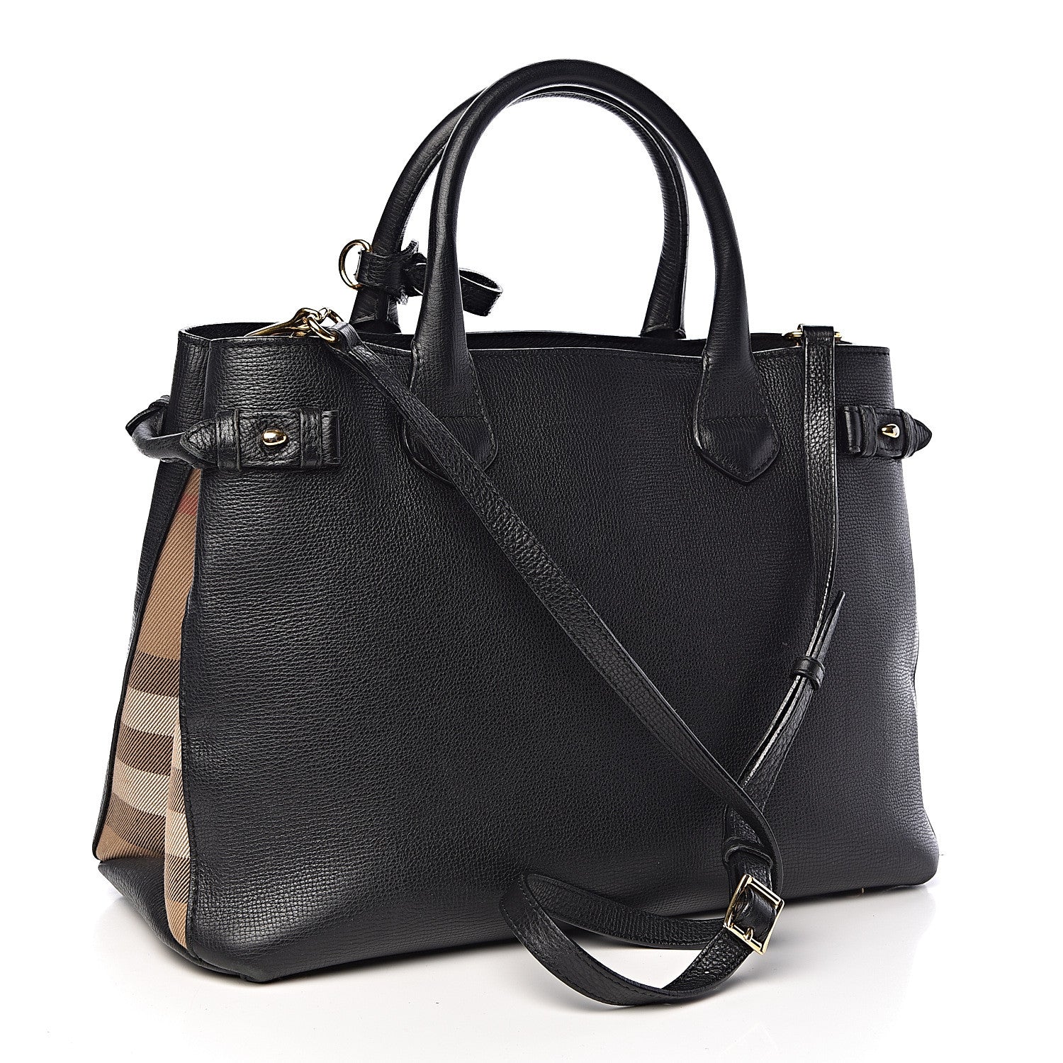 Burberry Grainy Calfskin House Check Medium Banner Tote Black 4 of 16