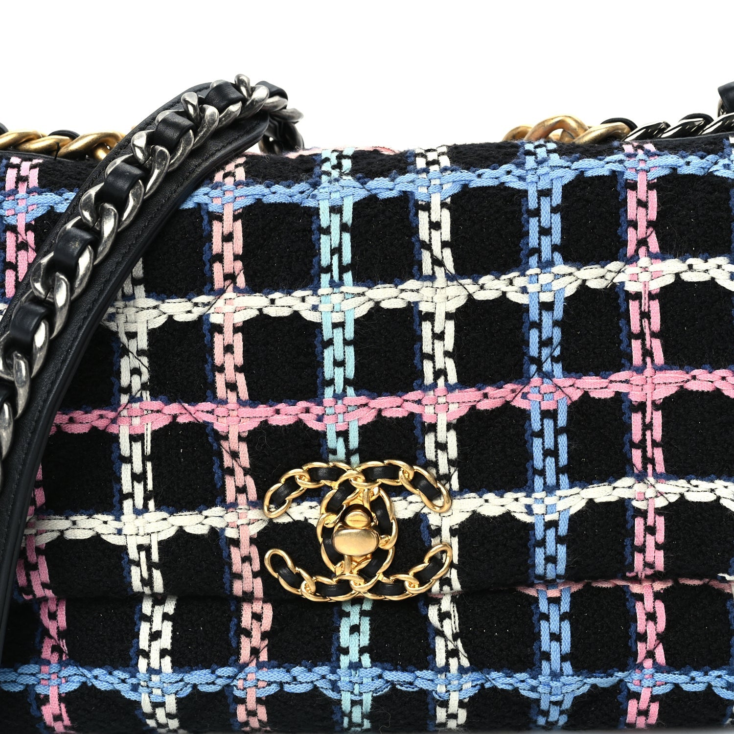Chanel Tweed Quilted Medium 19 Flap Black Blue Pink 7 of 9
