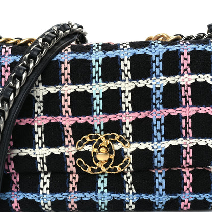 Chanel Tweed Quilted Medium 19 Flap Black Blue Pink 7 of 9