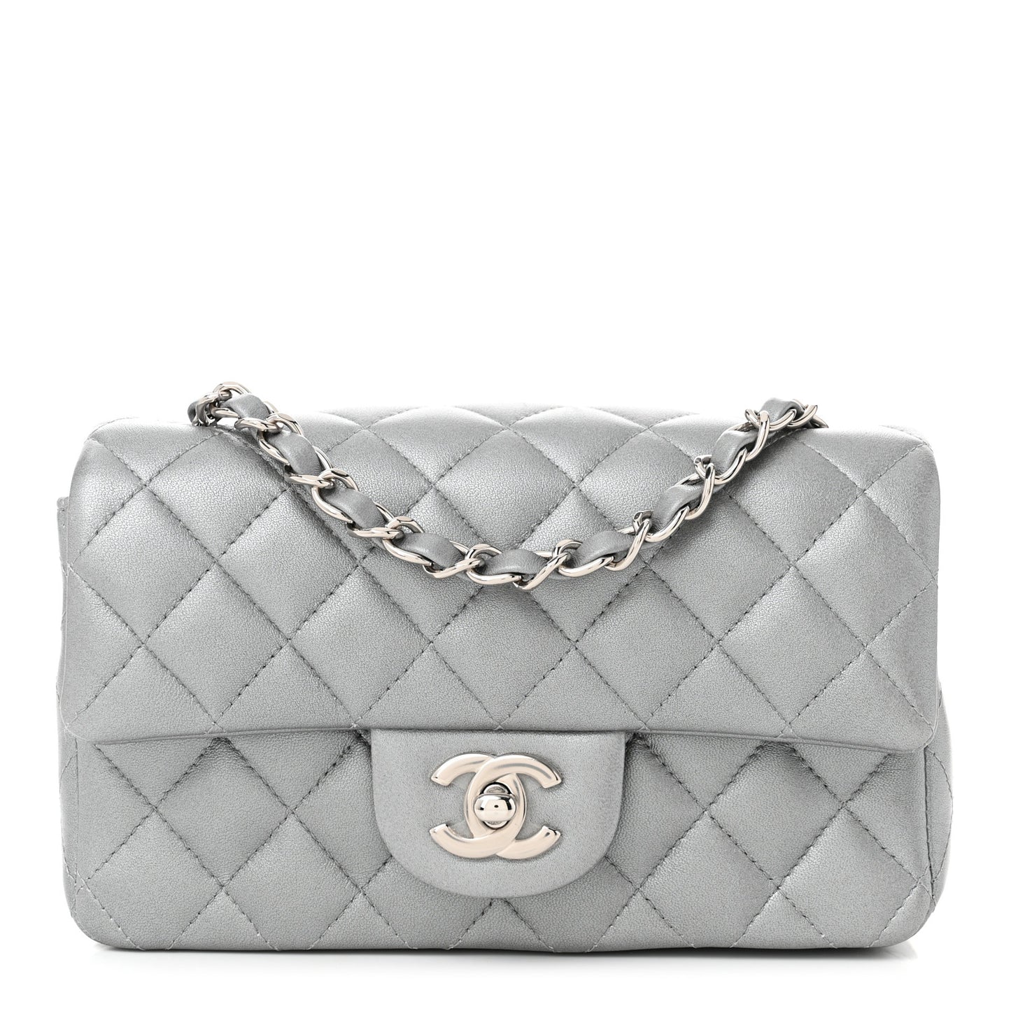 Metallic Lambskin Quilted Mini Rectangular Flap Silver