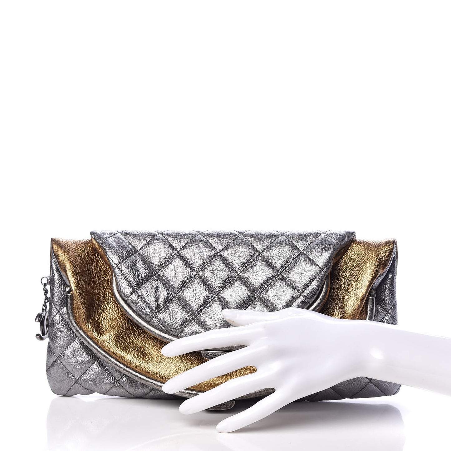 Metallic Goatskin Quilted Frame Clasp Flap Clutch Silver Gold