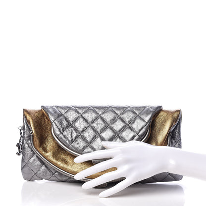 Chanel Metallic Goatskin Quilted Frame Clasp Flap Clutch Silver Gold 1 of 11