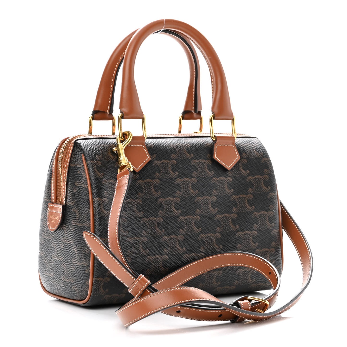 Triomphe Canvas Calfskin Small Boston Bag Tan